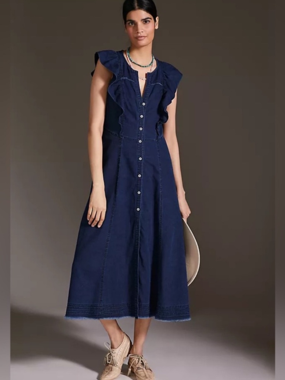 NWT Pilcro Anthropologie Blue Denim Ruffle Button Front Sustainable Maxi Dress